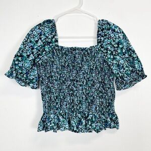 J Crew Shirt Womens Size Small Blue Floral Cotton Poplin Smocked Top Blouse